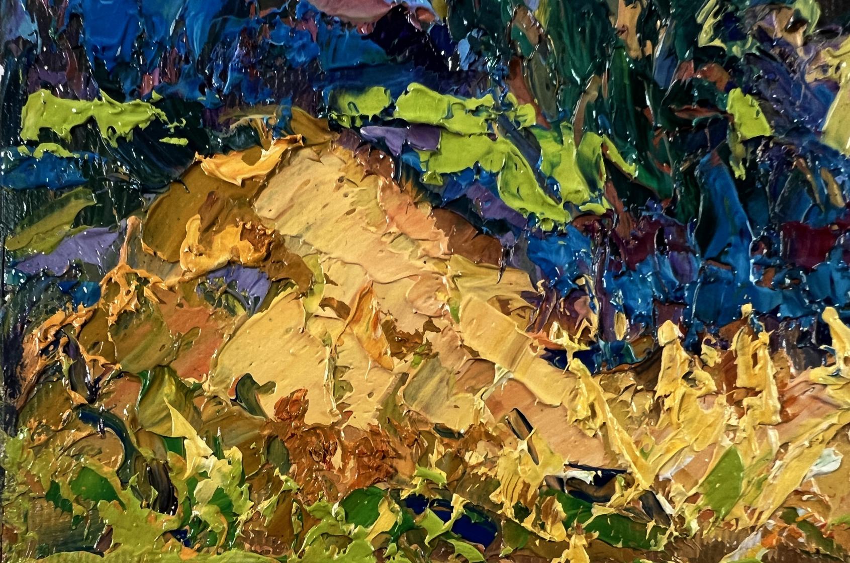 Oil painting Summer haymaking Oksana Ivanyuk with yellow ochre green strokes on blue