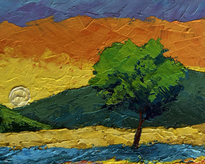 Oil painting A light breeze in the evening by V. Zadorozhnya, vibrant green tree