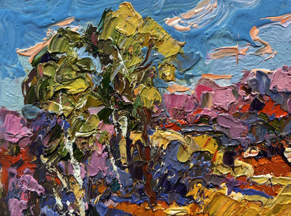 Oil painting Golden autumn field by Oksana Ivanyuk with lush tree