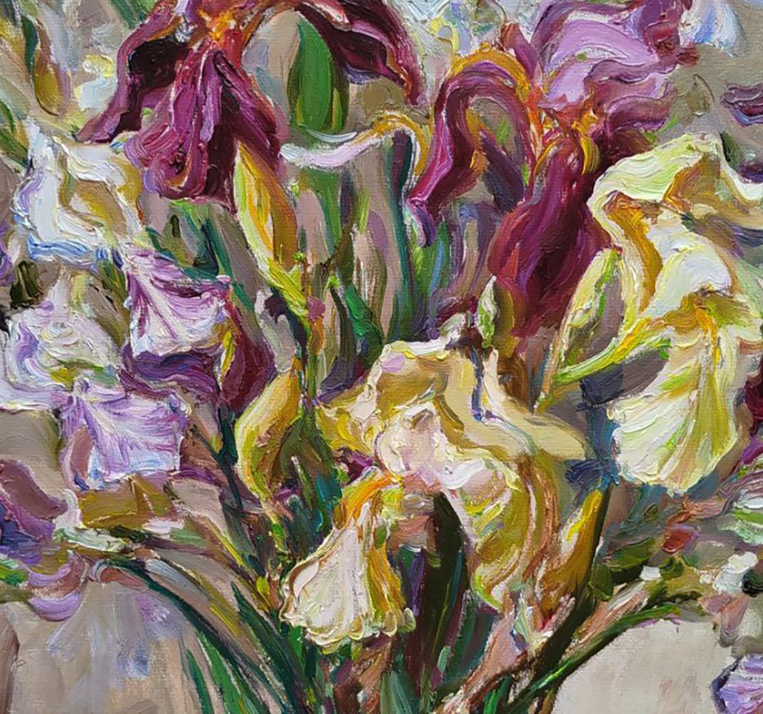 Vibrant impressionistic oil painting of Leonid Pavlenko iris bouquet