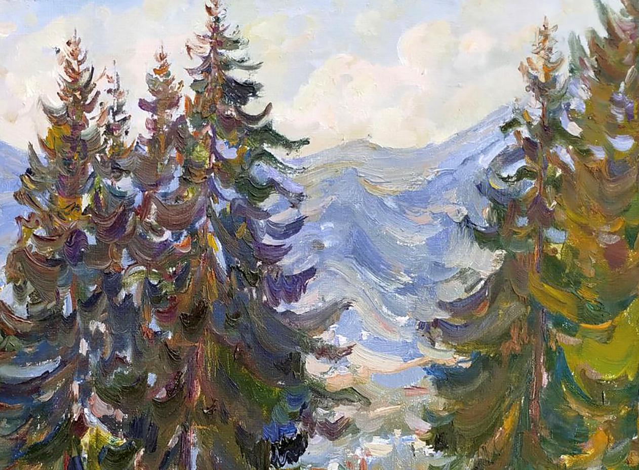 Vibrant impressionist oil painting of spruce trees by Leonid Pavlenko