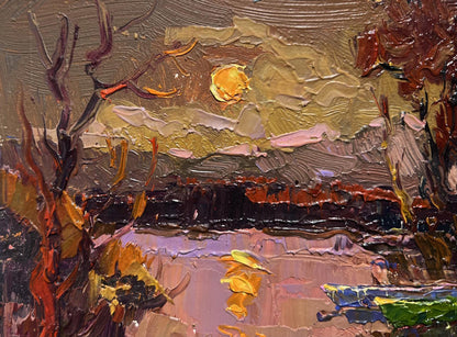 Oil painting Monthly Reflection by Oksana Ivanyuk: sunset landscape