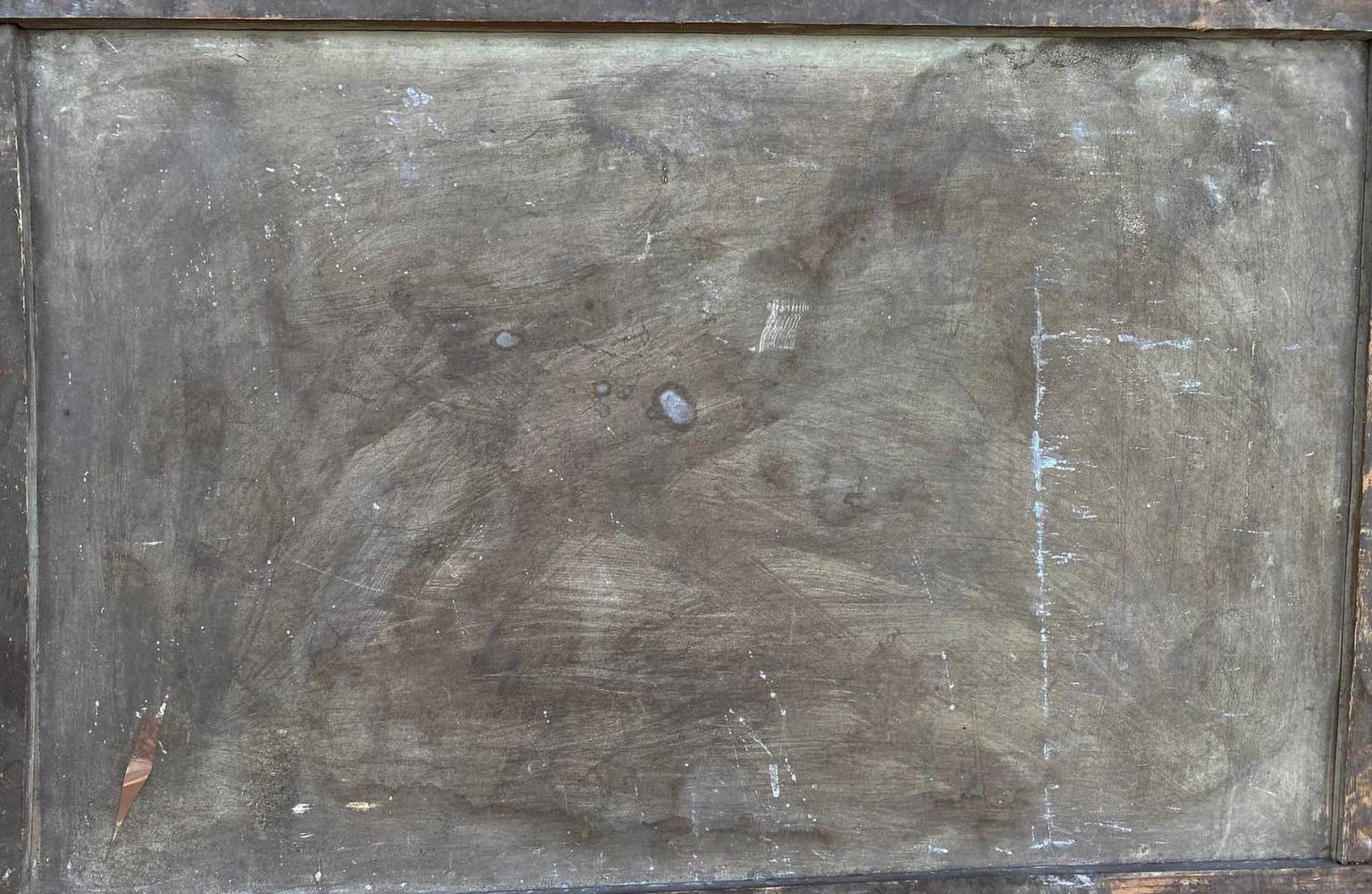 Weathered gray metal back of Oil painting Picking flowers by the river