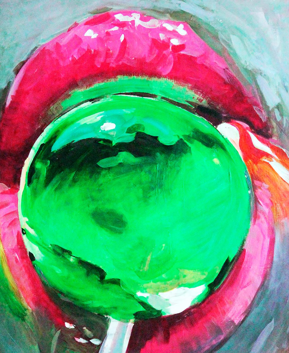 Oil painting of vibrant pink lips with glossy emerald-green Chupa Chups lollipop by Ed Potapenkov