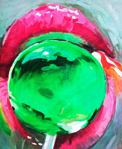Oil painting of vibrant pink lips with glossy emerald-green Chupa Chups lollipop by Ed Potapenkov
