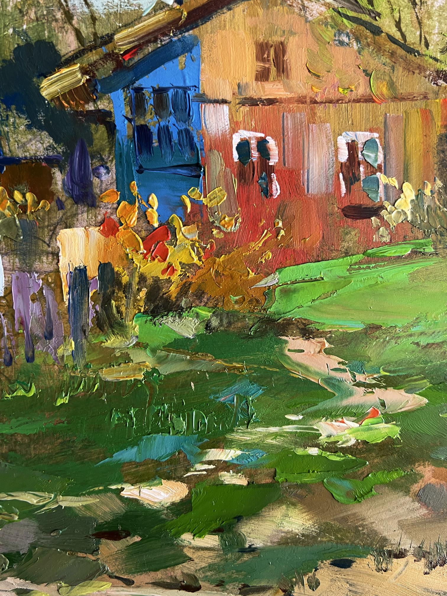 Vibrant impressionist oil painting of quiet village street by Yuriy Suprunchuk