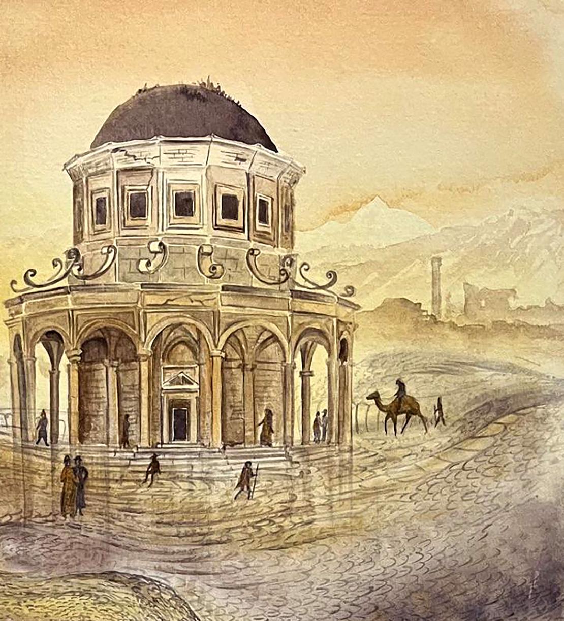 Watercolor painting of The Gate of Paradise by Dmytro Startsev, grand domed stone building