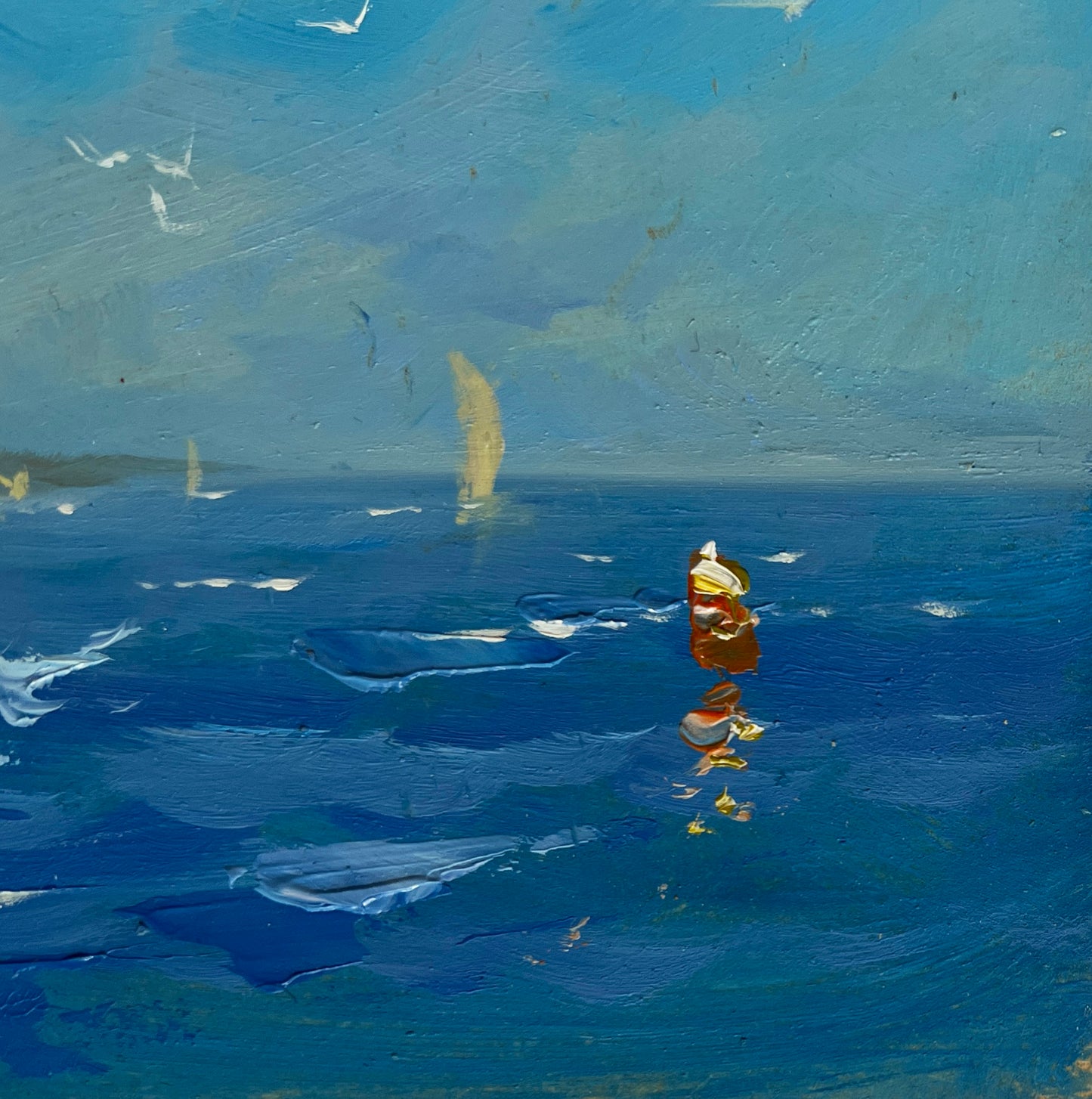 Oil painting of golden sailboat sea voyage by Yuriy Suprunchuk