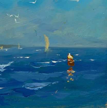 Oil painting of golden sailboat sea voyage by Yuriy Suprunchuk