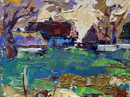 Impasto oil painting of sunset behind houses by Oleksiy Ivanyuk