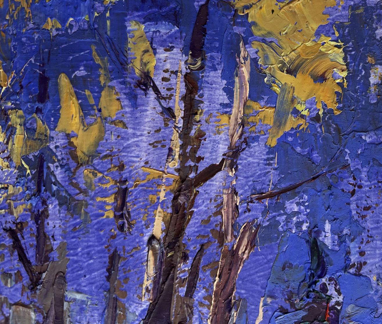 Vibrant blue and gold Oleksiy Ivanyuk oil painting Home on a winter evening