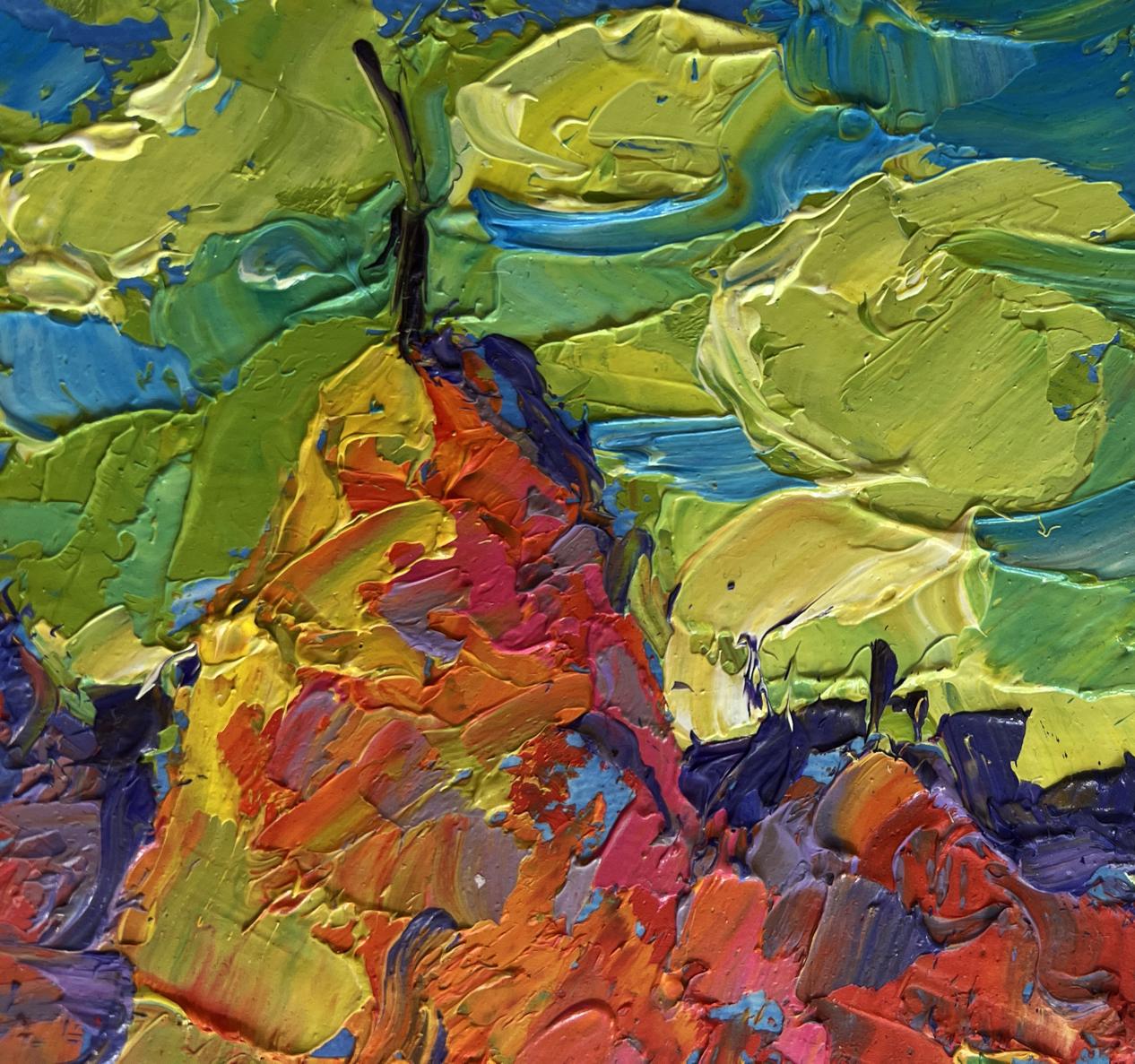 Vibrant oil painting of haystacks in field by Oleksiy Ivanyuk with impasto strokes