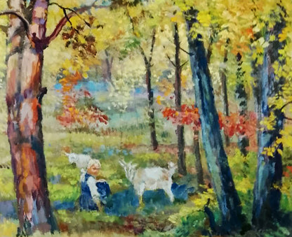 Oil painting Walk through the meadows by Vitaly Duhnevich: girl with goats in autumn foliage