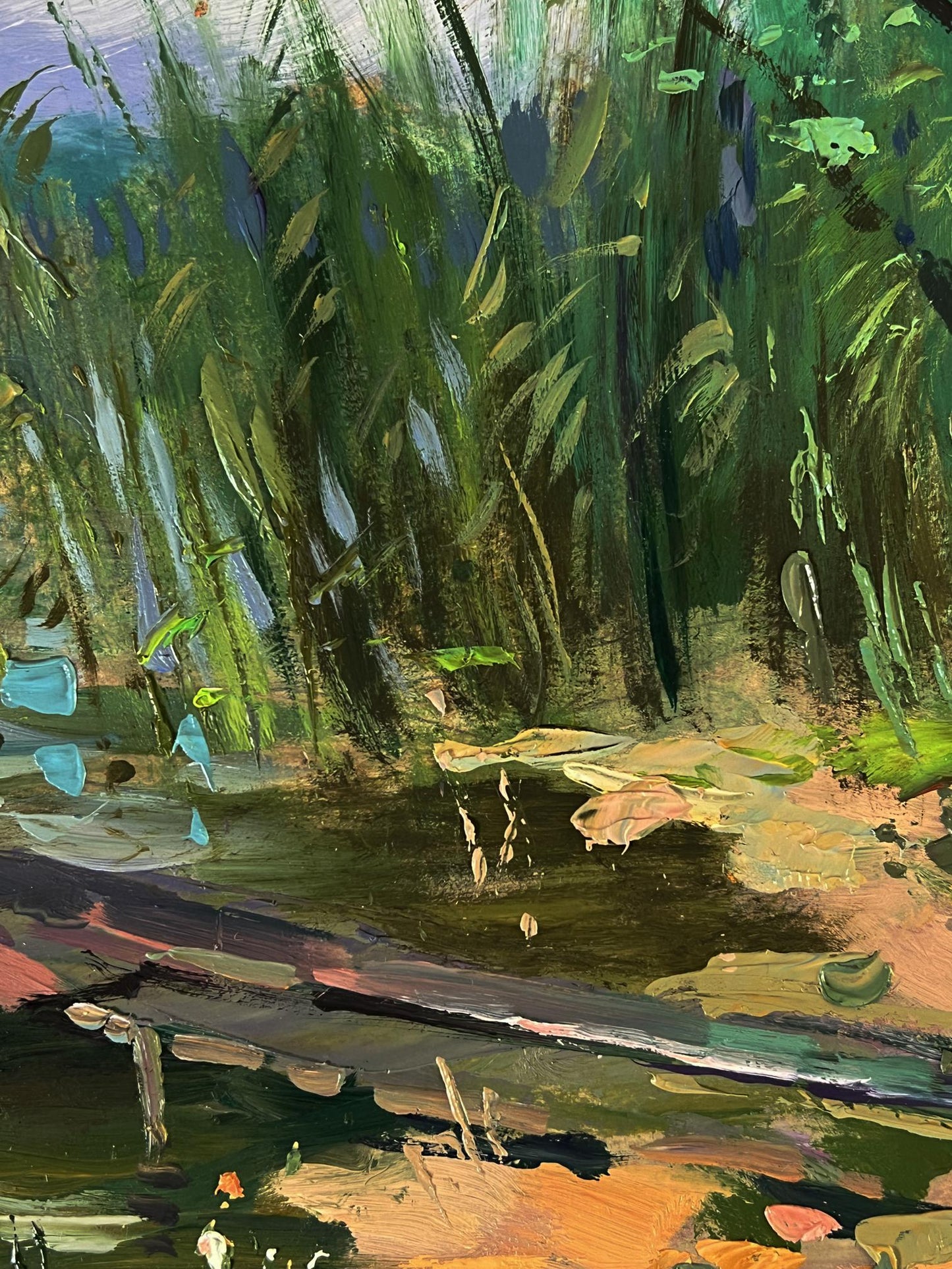 Vibrant impressionist oil painting of girls by river with green reeds by Yuriy Suprunchuk