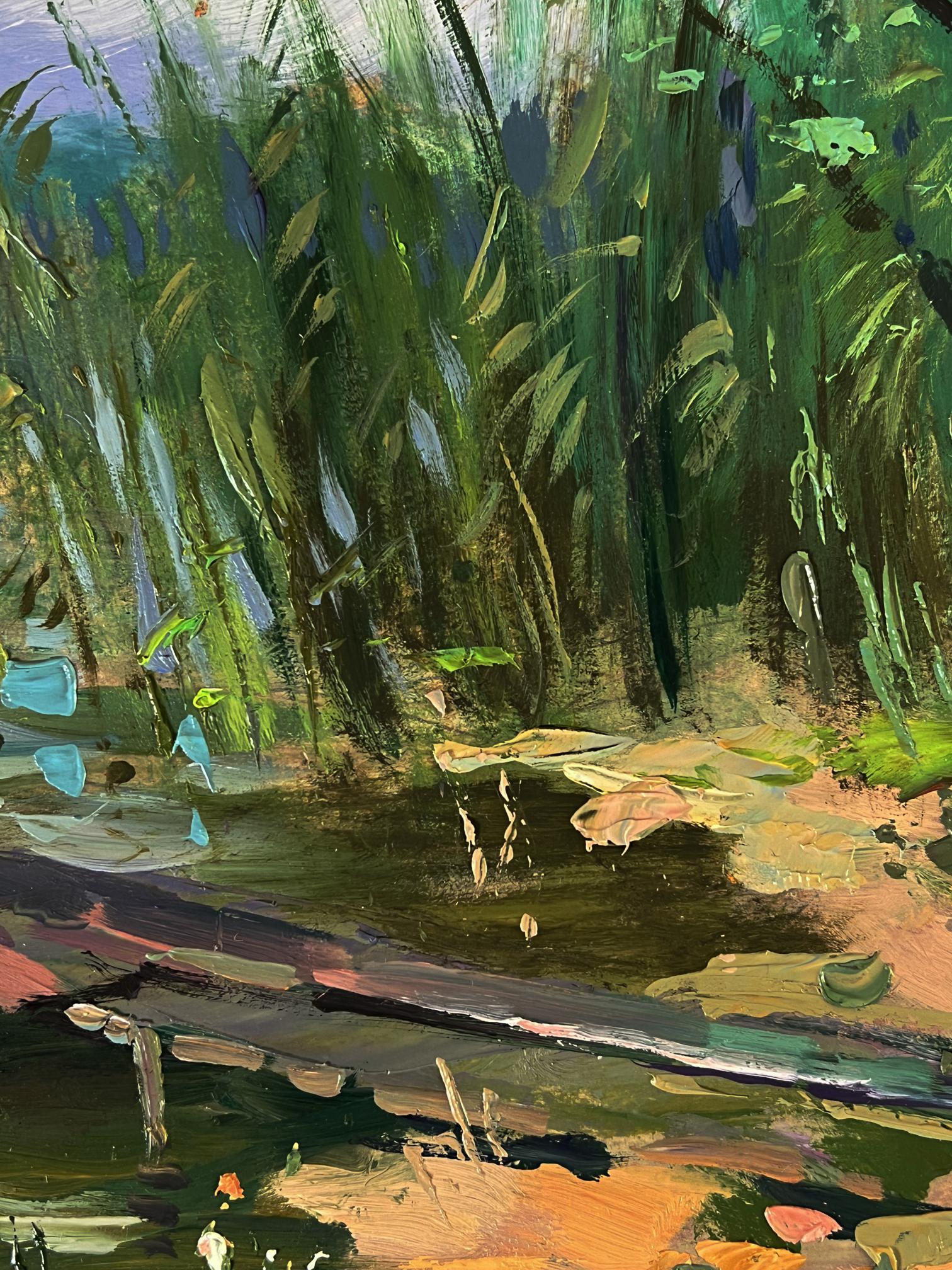Vibrant impressionist oil painting of girls by river with green reeds by Yuriy Suprunchuk