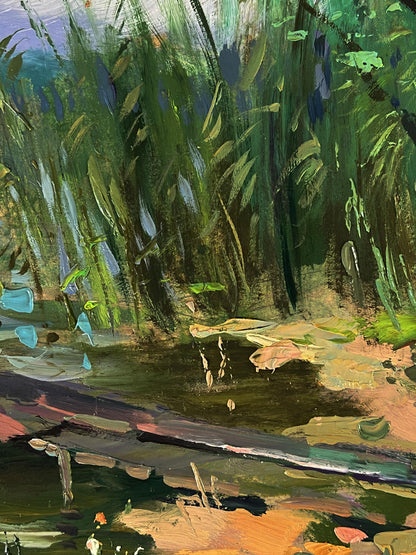 Vibrant impressionist oil painting of girls by river with green reeds by Yuriy Suprunchuk
