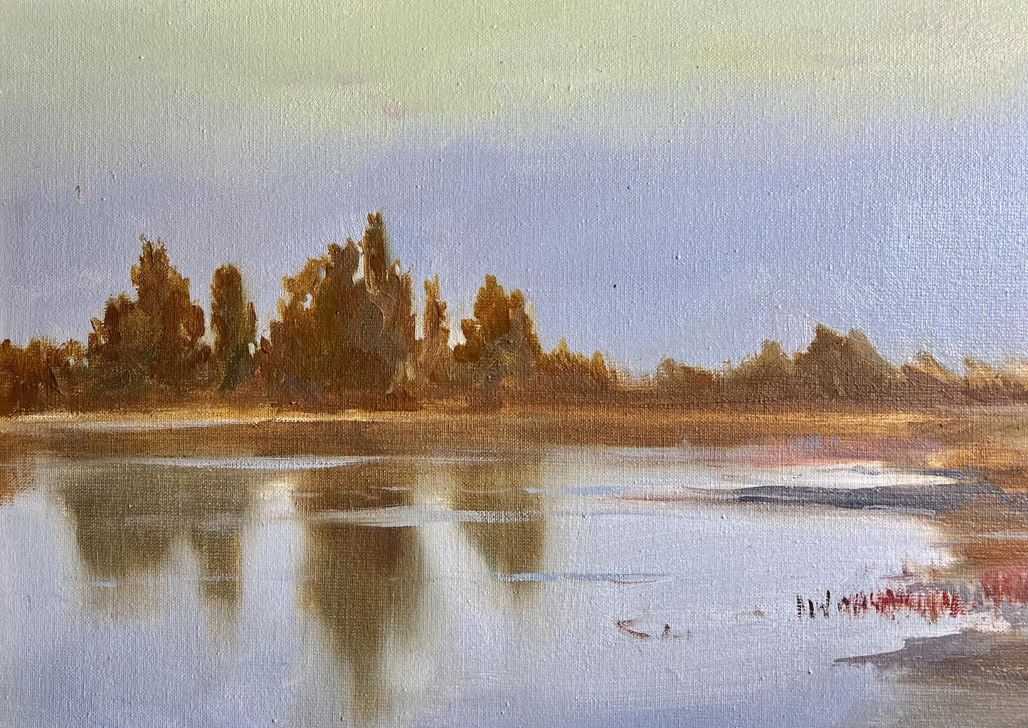 Oil painting Evening by the River by Tatyana Derdey serene lake scene