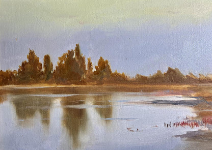 Oil painting Evening by the River by Tatyana Derdey serene lake scene
