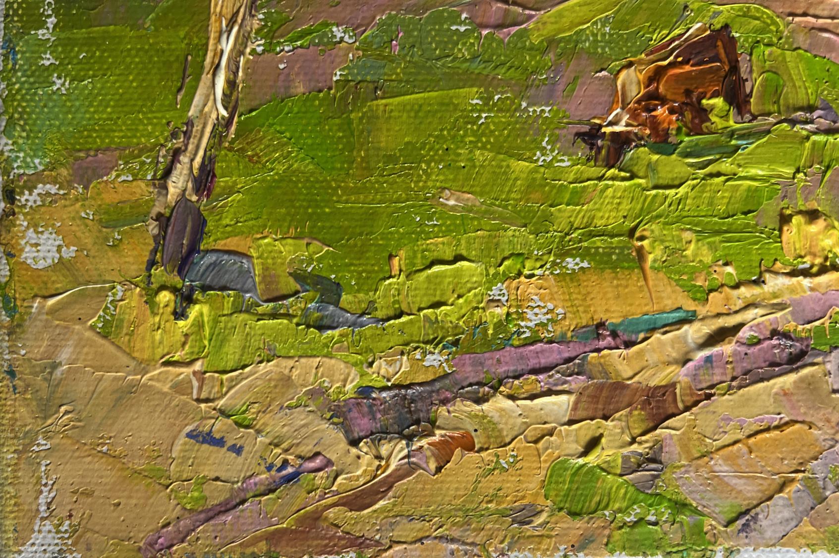 Oil painting The road leading to the village by Oksana Ivanyuk textured impressionistic green yellow purple