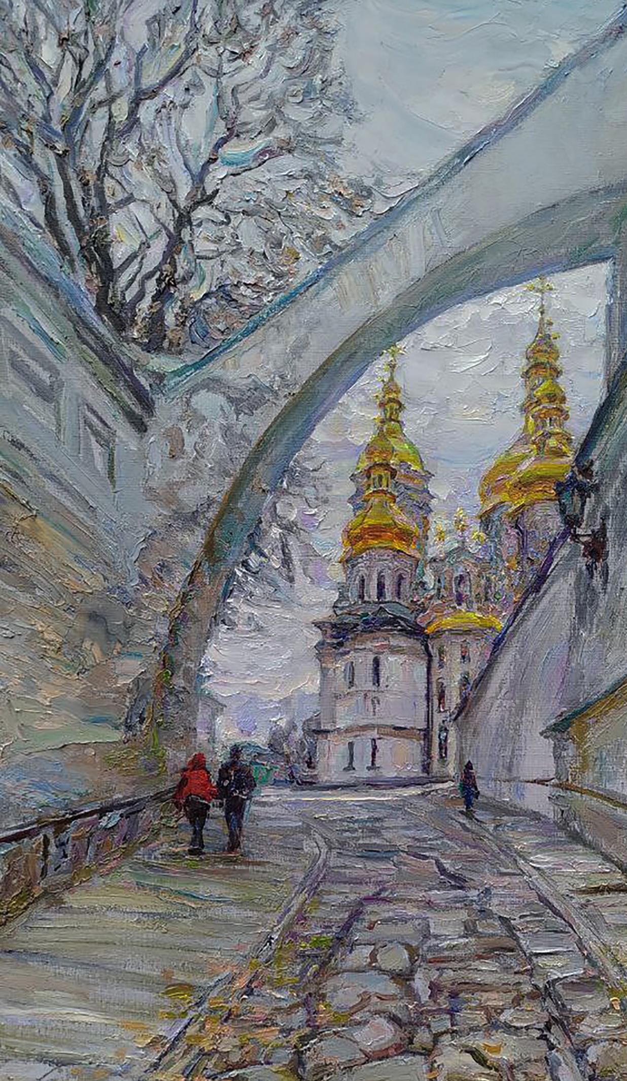 Golden-domed cathedral through arched passage, Leonid Pavlenko oil painting