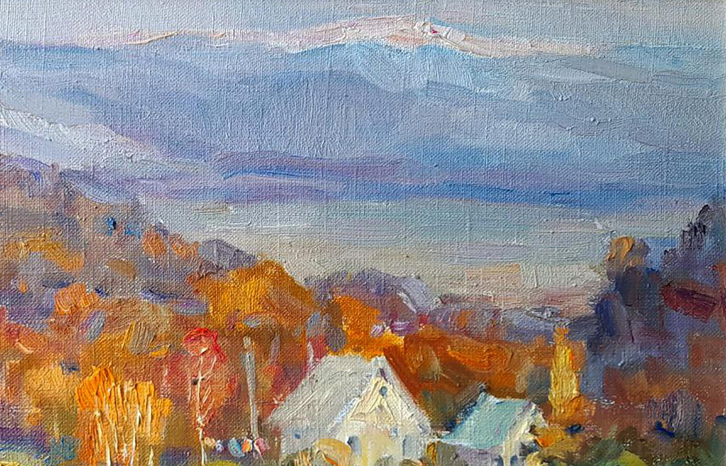 Oil painting of autumn village in mountains by Ivan Kovalenko