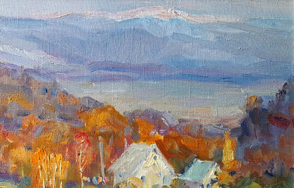 Oil painting of autumn village in mountains by Ivan Kovalenko