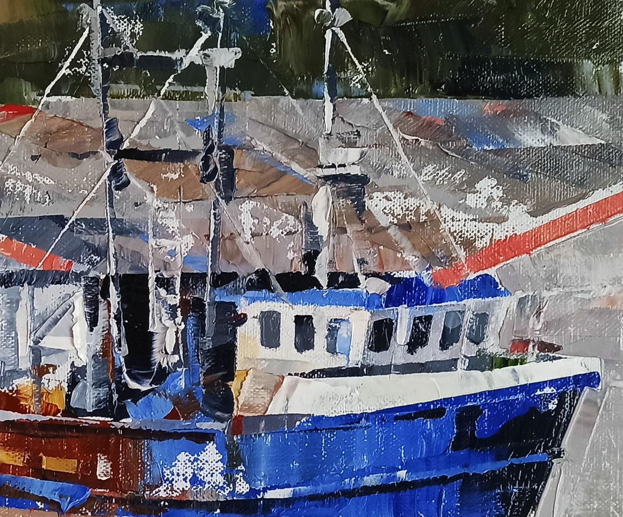 Oil painting of blue and white fishing boat with black rigging by Volodymyr Gluhomanyuk