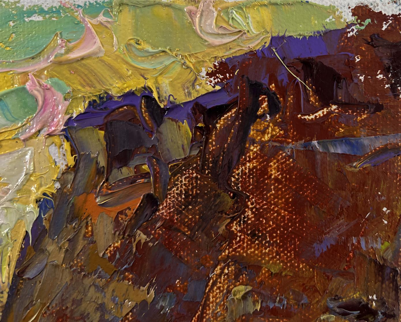 Oil painting Old fortress by Oleksiy Ivanyuk in vibrant yellows, purples, reds