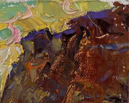 Oil painting Old fortress by Oleksiy Ivanyuk in vibrant yellows, purples, reds