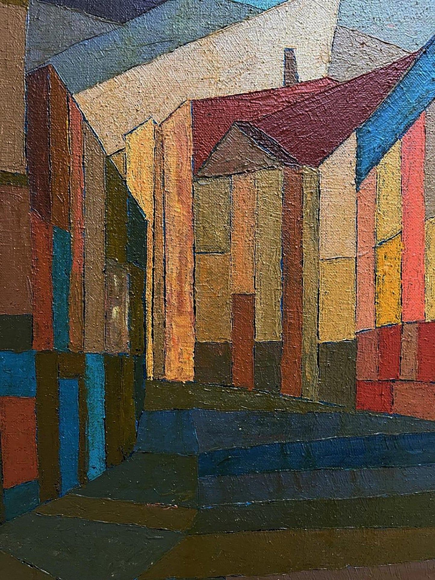 Oil painting of old houses by Serhiy Kovalev with bold geometric shapes