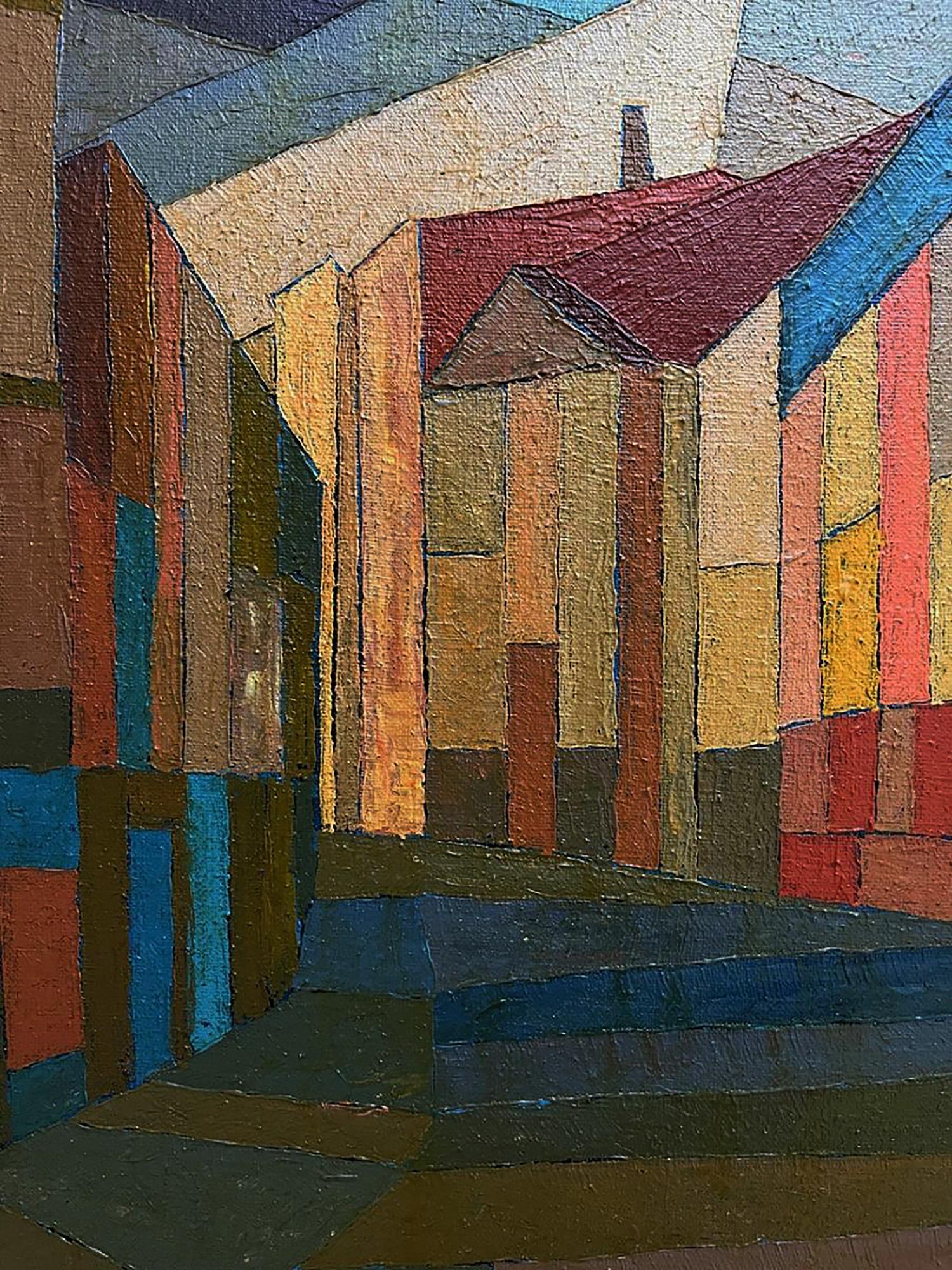 Oil painting of old houses by Serhiy Kovalev with bold geometric shapes
