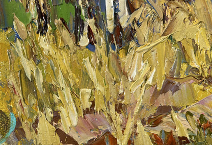 Oil painting At the forest edge by Oleksiy Ivanyuk, impasto golden yellow strokes