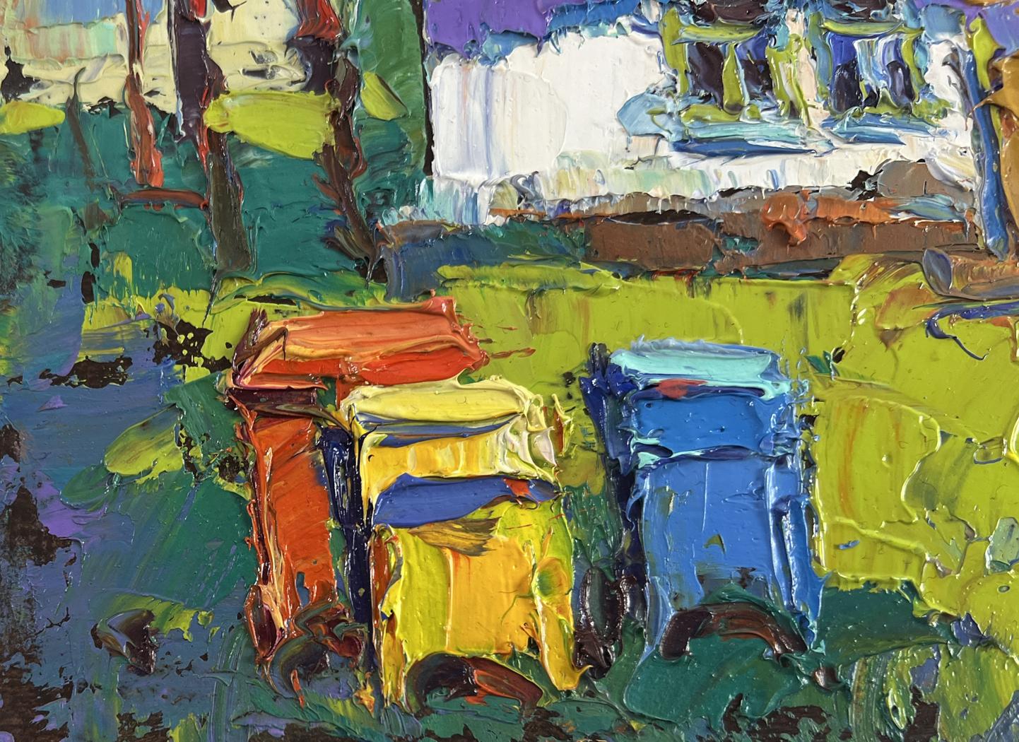 Vibrant orange, yellow, blue trash cans in lush field by Oksana Ivanyuk oil painting