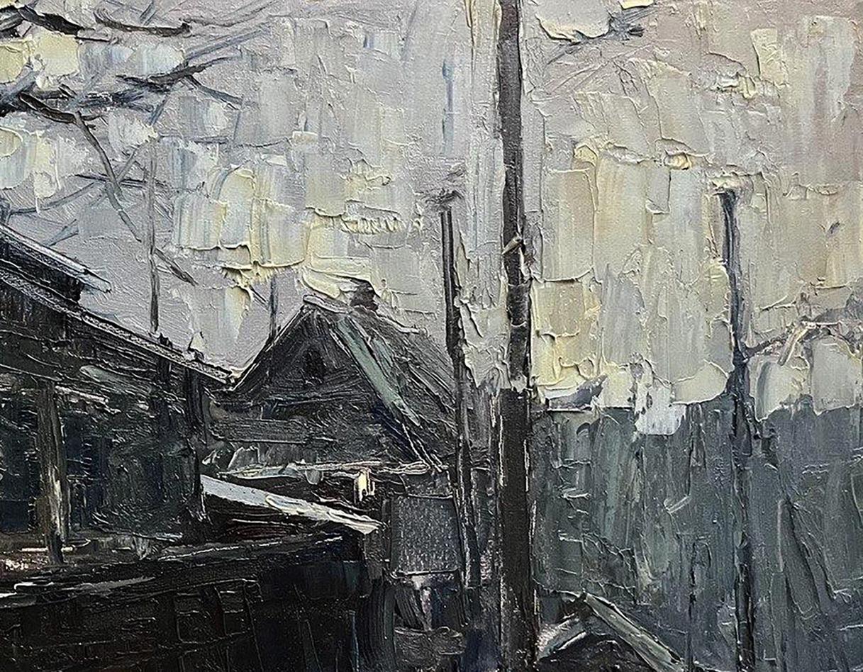 Oil painting Old street by Volodymyr Pashchenko in grays with yellow hints