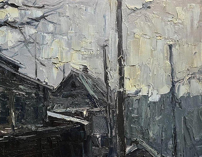 Oil painting Old street by Volodymyr Pashchenko in grays with yellow hints