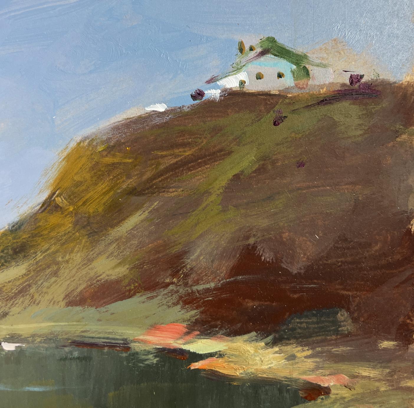 Oil painting of small white house with green roof on hill by Yuriy Suprunchuk