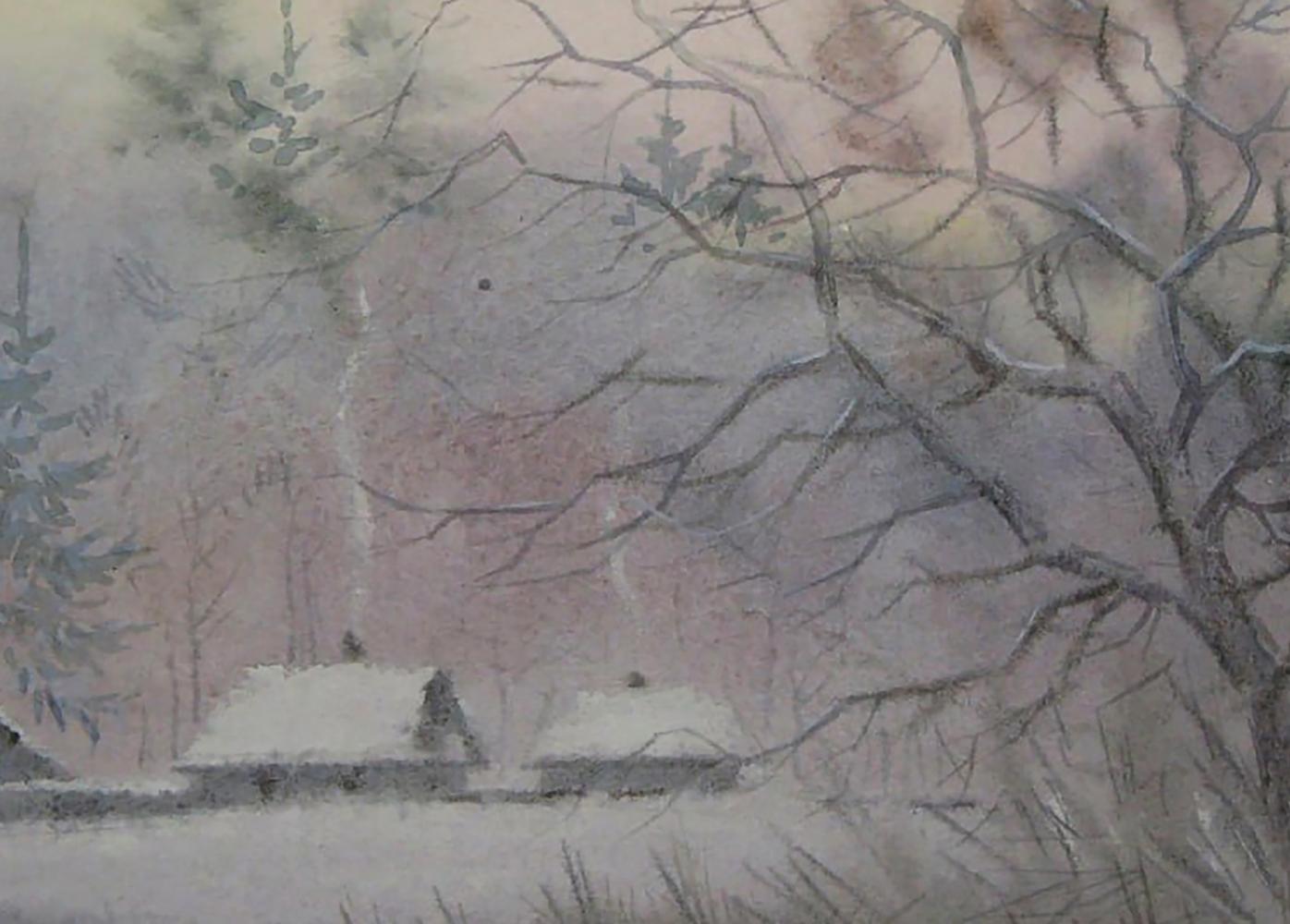 Snow-covered wooden houses in watercolor winter village by Valery Savenets
