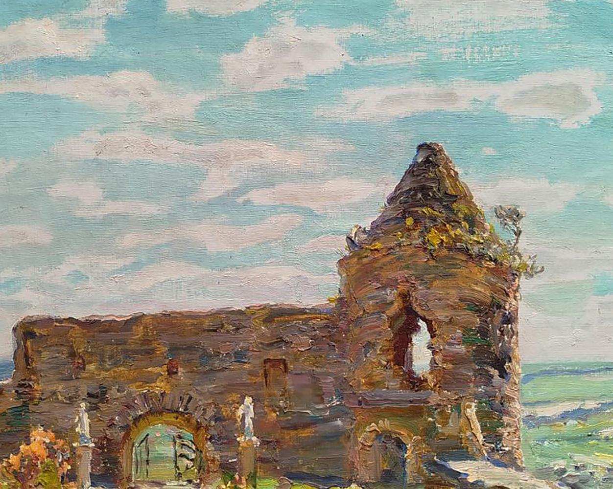 Oil painting of Leonid Pavlenko castle ruins with mossy stone arches