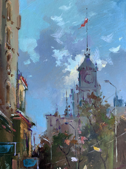 Oil painting of ornate clock tower with red flag by Yuriy Suprunchuk