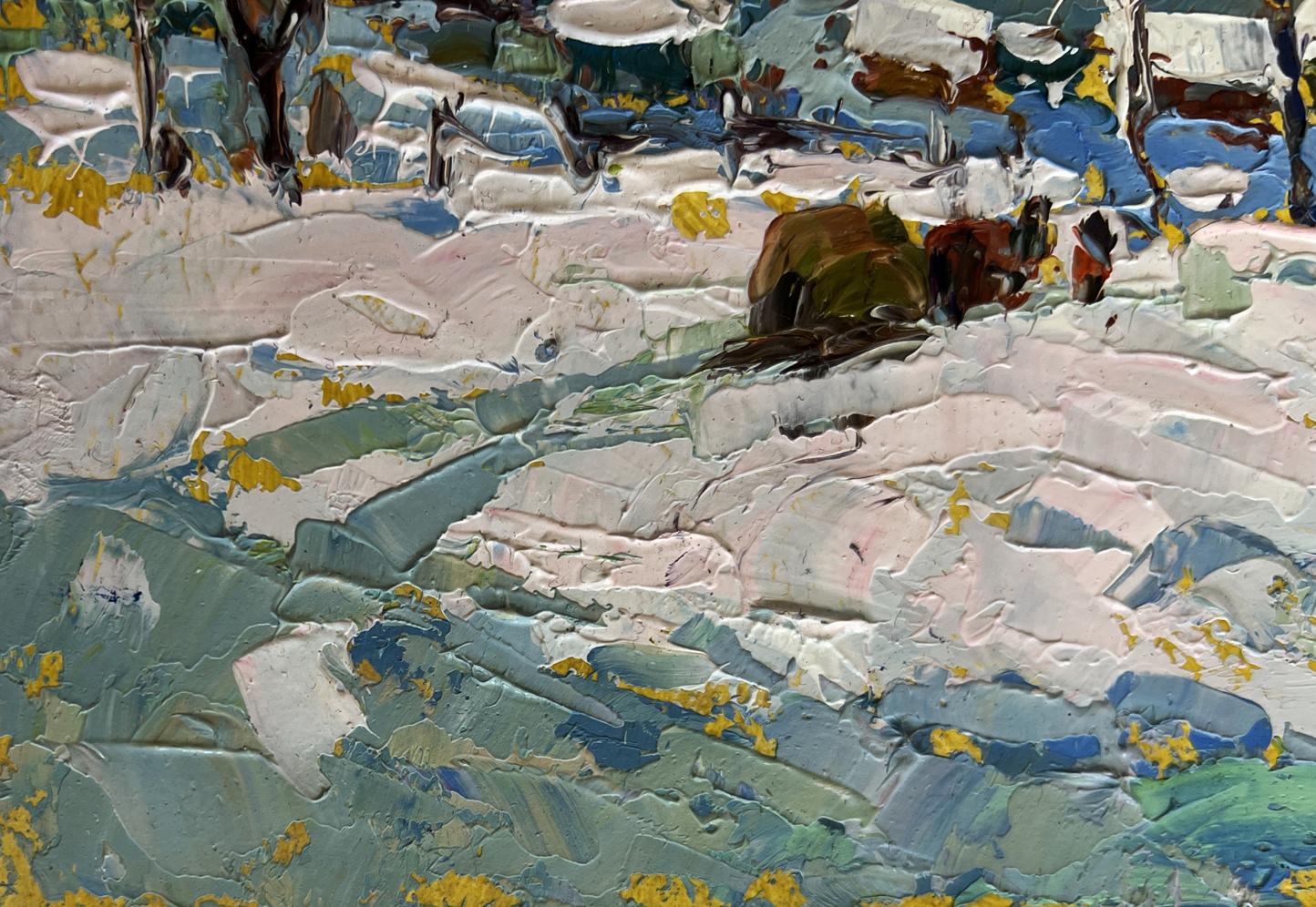 Textured impasto oil painting Returning Home with Hay by Oksana Ivanyuk snowy landscape