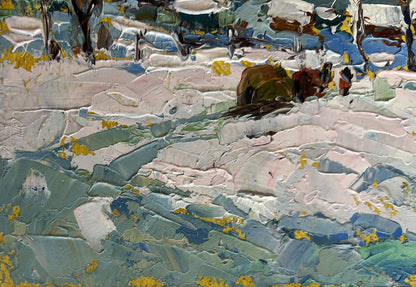 Textured impasto oil painting Returning Home with Hay by Oksana Ivanyuk snowy landscape