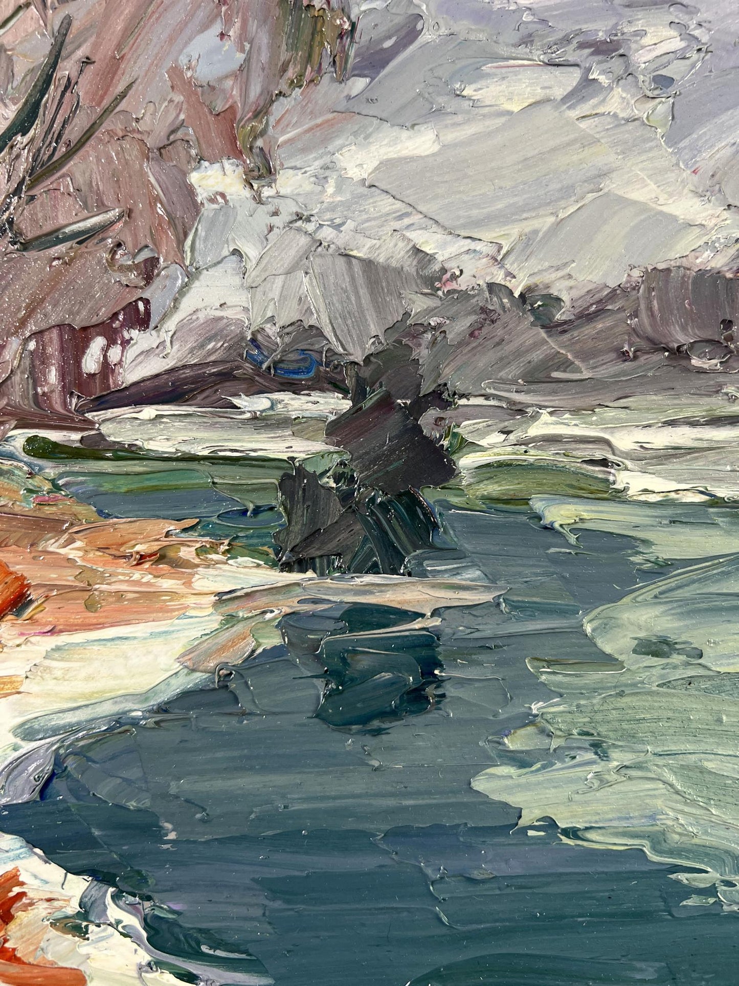 Impasto oil painting of river and snowy trees by Boris Serdyuk