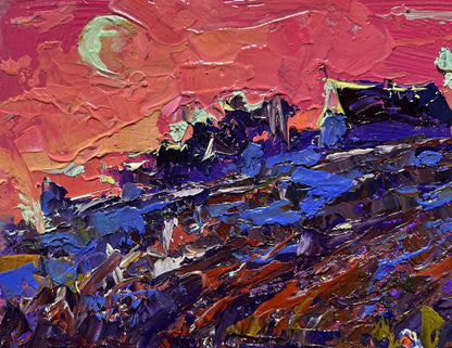Vibrant impressionist oil painting Crimson evening by the river by Oksana Ivanyuk
