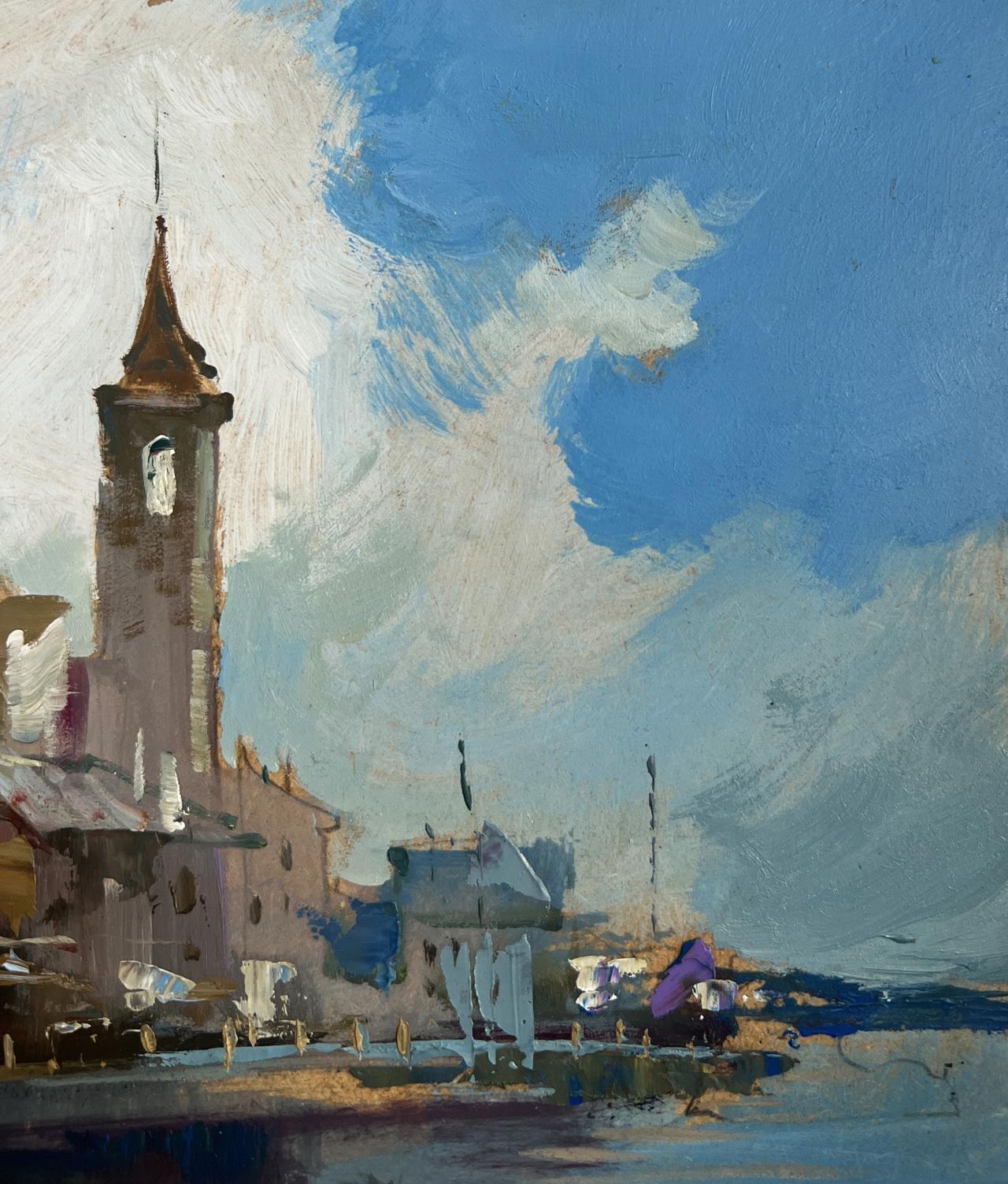 Tall weathered stone clock tower oil painting by Yuriy Suprunchuk