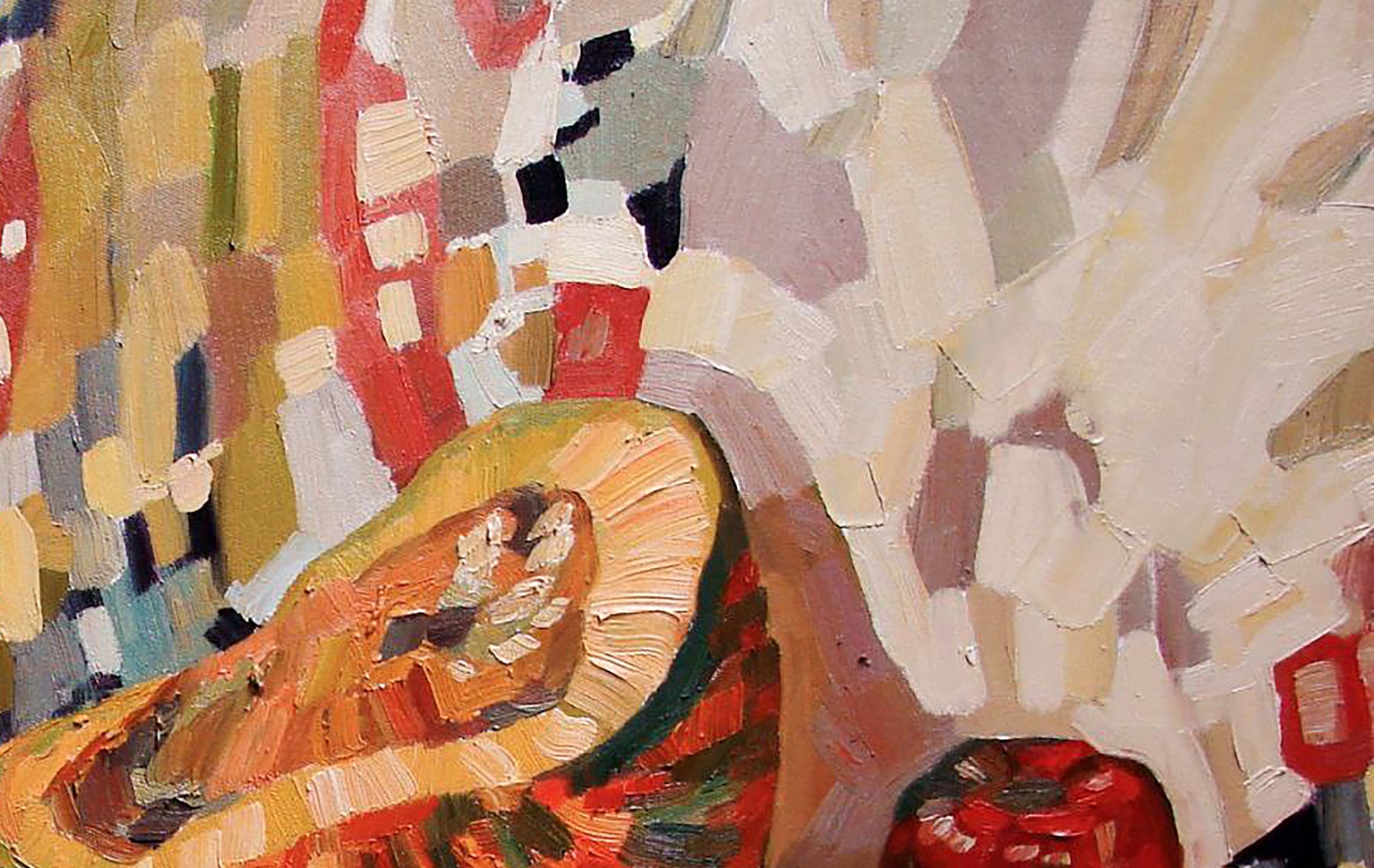 Oil painting Big Pumpkin by Tatyana Shulyak vibrant orange-yellow on red