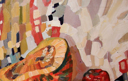 Oil painting Big Pumpkin by Tatyana Shulyak vibrant orange-yellow on red