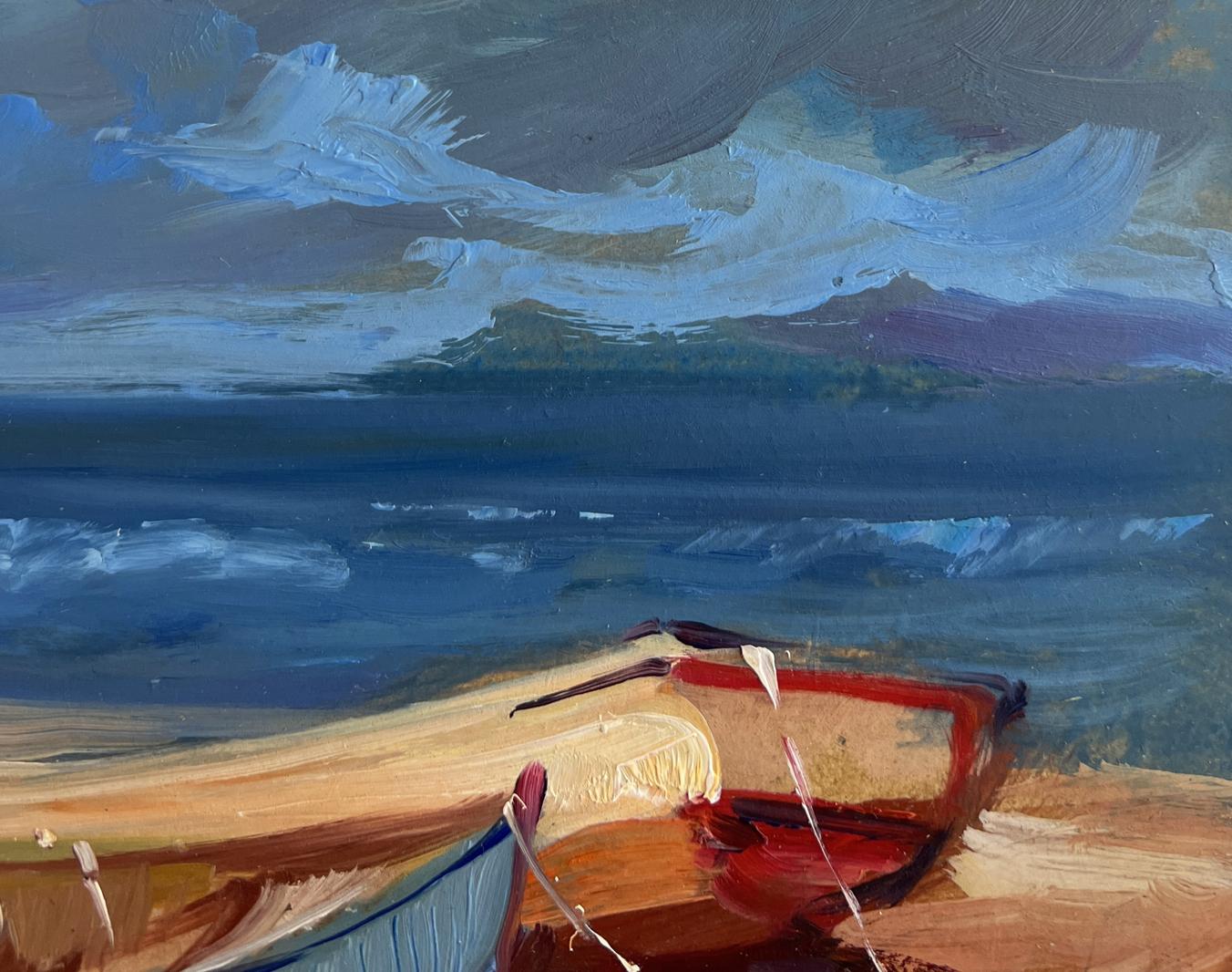 Oil painting of red beige rowboat on sandy shore by Yuriy Suprunchuk