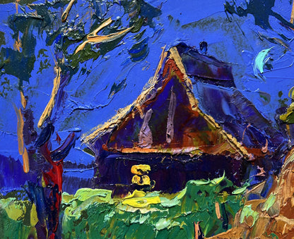 Vibrant impressionist oil painting of cozy moonlit rustic house by Oleksiy Ivanyuk