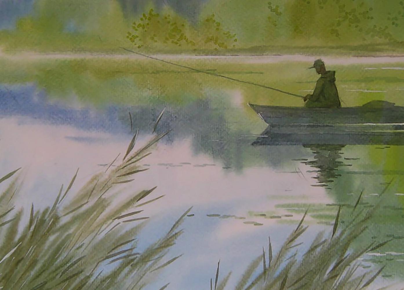 Watercolor painting of early morning fishing by Valery Savenets