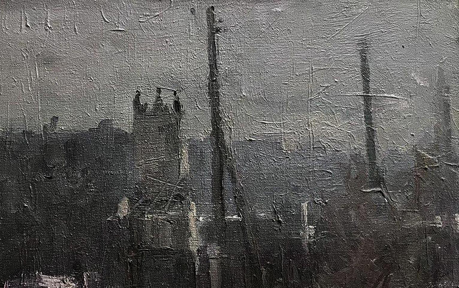Monochrome oil painting by Volodymyr Pashchenko Winter King textured industrial silhouettes misty gray sky